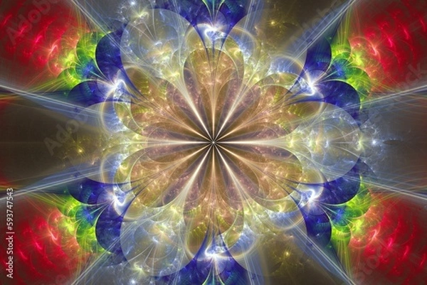 Fototapeta Multicolored bright floral pattern of crooked waves on a black background. Abstract fractal 3D rendering