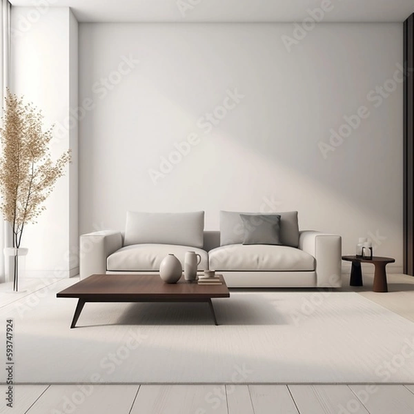 Fototapeta A minimalist living room with just a simple sofa, a low coffee table, and a large area rug.