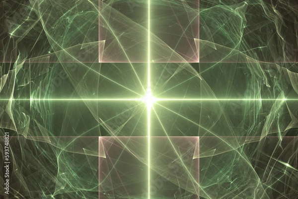 Fototapeta Green glowing pattern of crooked waves and rays on a black background. Abstract fractal 3D rendering