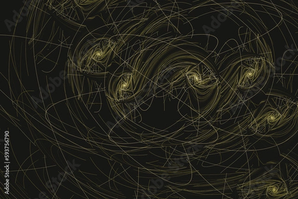 Fototapeta Dark green pattern of crooked threads on a black background. Abstract fractal 3D rendering