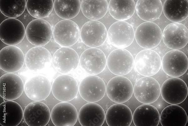 Fototapeta White pattern of transparent spheres on a black background. Abstract fractal 3D rendering