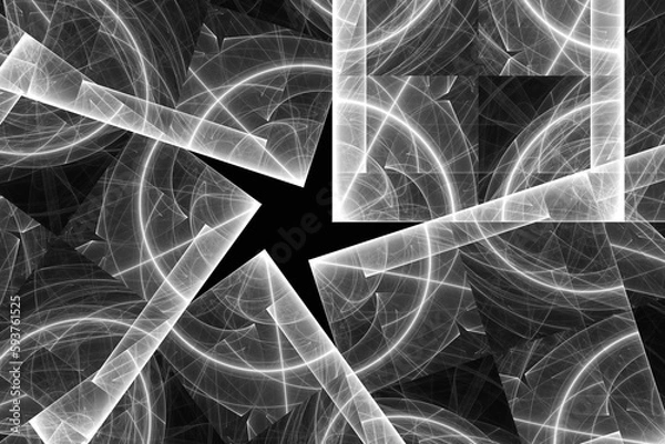 Fototapeta White broken pattern of curved shapes and rays on a black background. Abstract fractal 3D rendering
