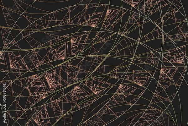 Fototapeta Green orange pattern of crooked threads on a black background. Abstract fractal 3D rendering