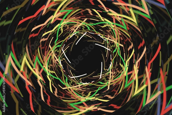 Fototapeta Multicolored bright broken pattern of crooked waves on a black background. Abstract fractal 3D rendering
