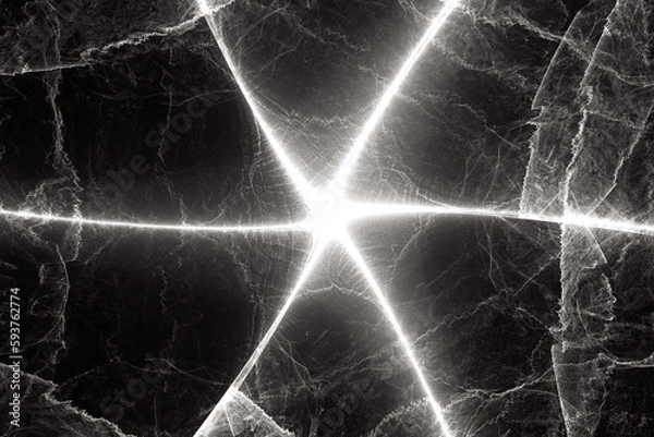 Fototapeta White glowing pattern of crooked waves and rays on a black background. Abstract fractal 3D rendering