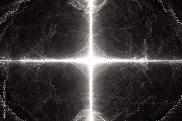 Fototapeta White glowing pattern of crooked waves and rays on a black background. Abstract fractal 3D rendering