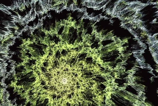 Fototapeta Green pattern of crooked waves on a black background. Abstract fractal 3D rendering
