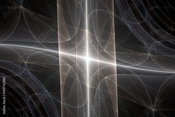 Fototapeta White glowing pattern of crooked waves and rays on a black background. Abstract fractal 3D rendering