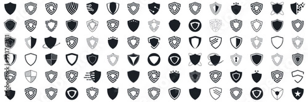 Fototapeta Shield icon set in vintage style. Protect shield security line icons. Badge quality symbol, sign, logo or emblem. Vector illustration
