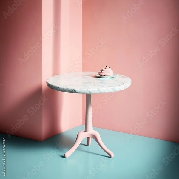 Fototapeta A round marble table against a pale pink wall, with a plain light gray background