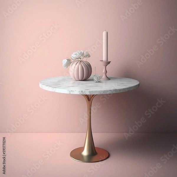 Fototapeta A round marble table against a pale pink wall, with a plain light gray background