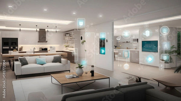 Obraz The concept of the Internet of Things with an image of a smart home, featuring various connected devices and appliances AI