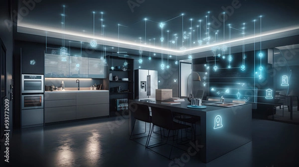 Obraz The concept of the Internet of Things with an image of a smart home, featuring various connected devices and appliances AI