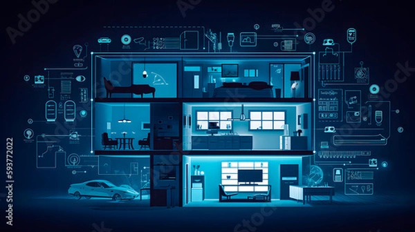 Obraz The concept of the Internet of Things with an image of a smart home, featuring various connected devices and appliances AI