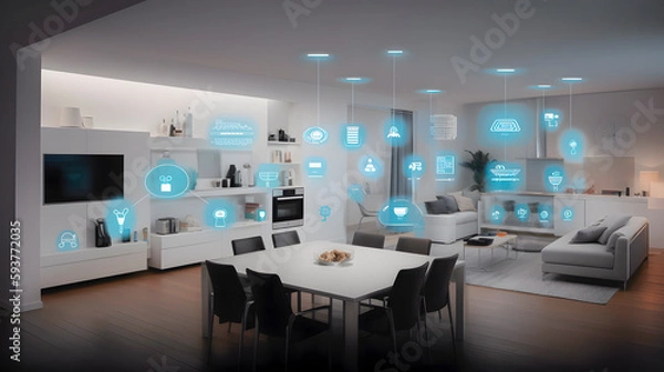 Obraz The concept of the Internet of Things with an image of a smart home, featuring various connected devices and appliances AI