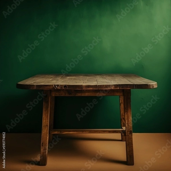 Fototapeta A rustic wooden table against a deep green wall, with a plain light beige background.