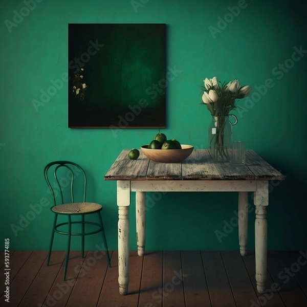 Fototapeta A rustic wooden table against a deep green wall, with a plain light beige background.