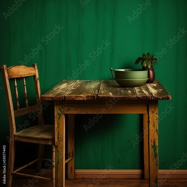 Fototapeta A rustic wooden table against a deep green wall, with a plain light beige background.