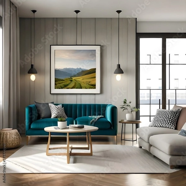 Fototapeta Mockup frame in living room interior, 3d render