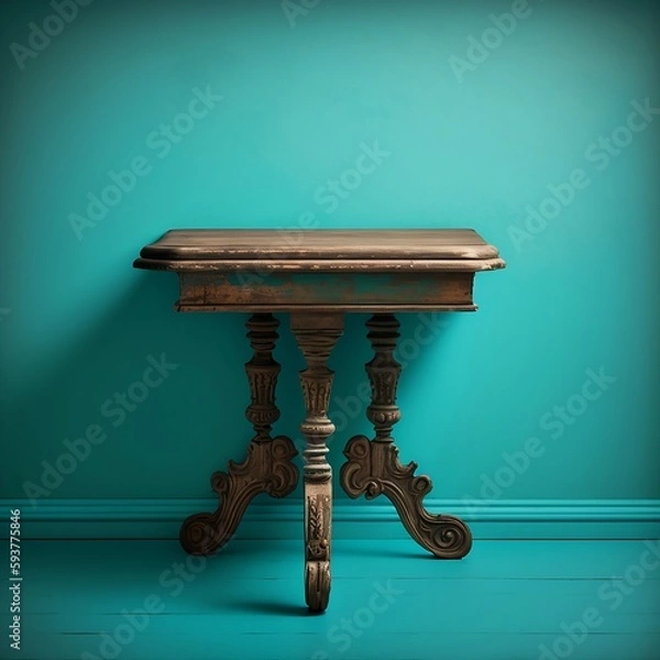 Fototapeta A vintage wooden table against a teal wall, with a plain light blue background