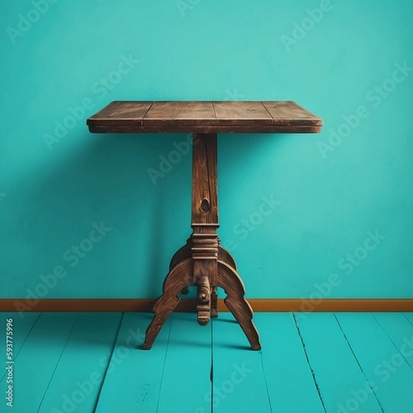 Fototapeta A vintage wooden table against a teal wall, with a plain light blue background