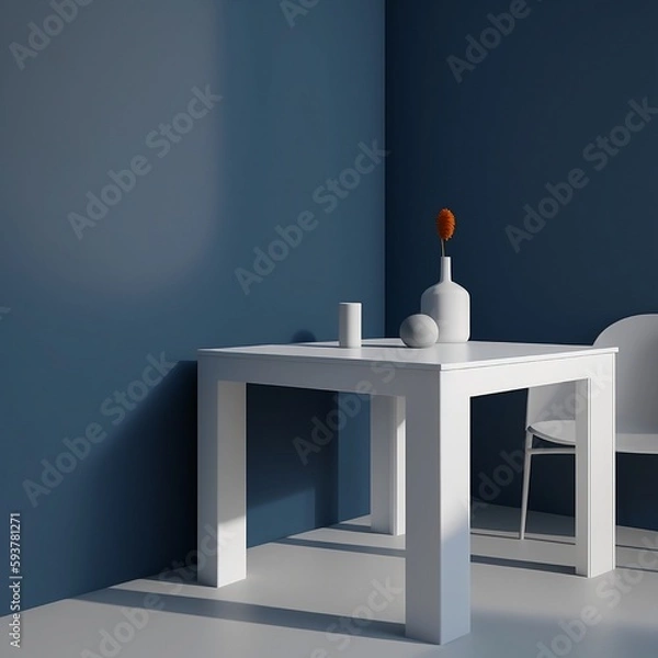 Fototapeta A simple white table against a navy blue wall, with a plain light gray background.