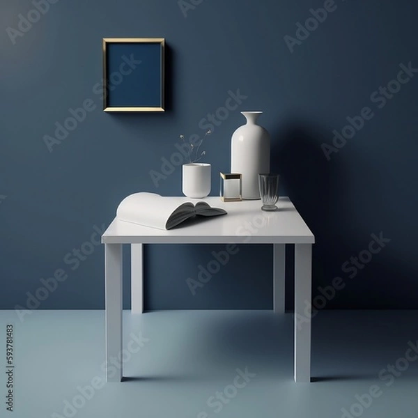 Fototapeta A simple white table against a navy blue wall, with a plain light gray background.