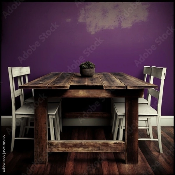 Fototapeta A rustic wooden farm table against a deep purple wall, with a plain white background.