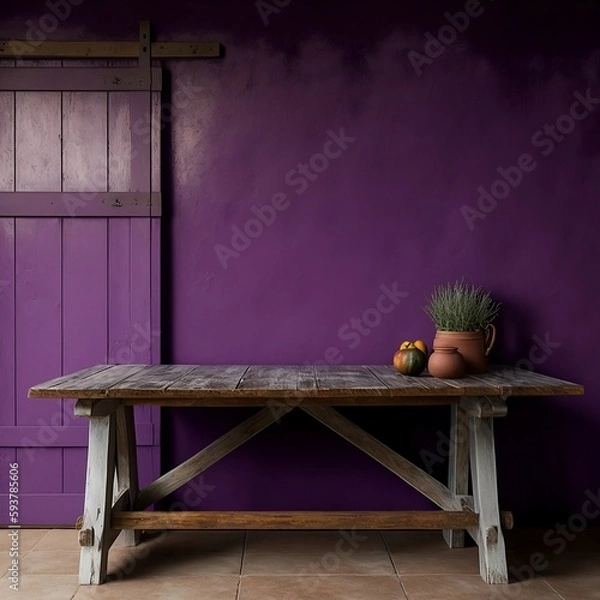 Fototapeta A rustic wooden farm table against a deep purple wall, with a plain white background.
