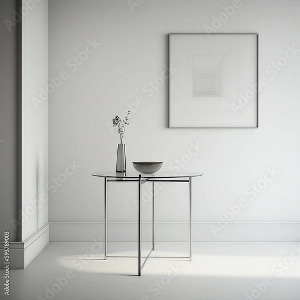 Fototapeta A minimalist glass table against a neutral beige wall, with a plain light gray background.