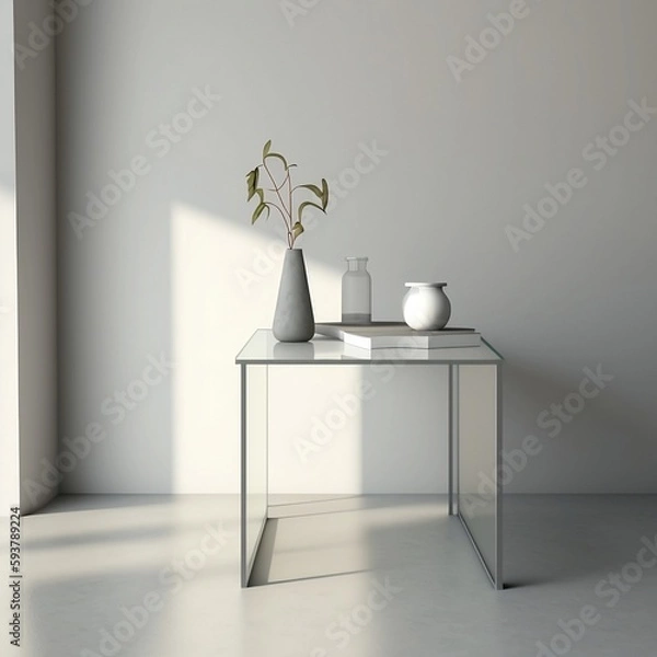 Fototapeta A minimalist glass table against a neutral beige wall, with a plain light gray background.