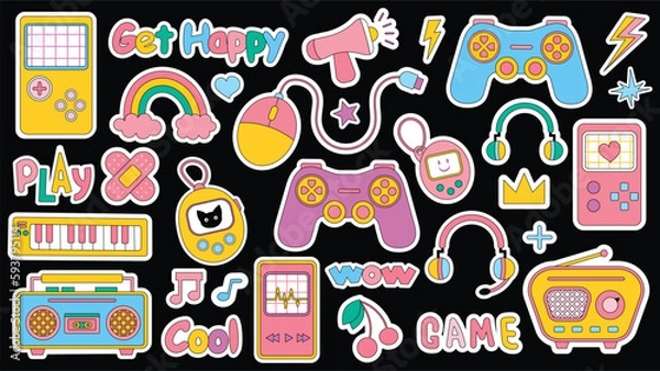 Obraz Set of trendy hipster retro cool elements. Collection sticker of groovy retrowave clipart. Collage with trend pop vibe with funky design element. background stickers emblem of cartoon vector.