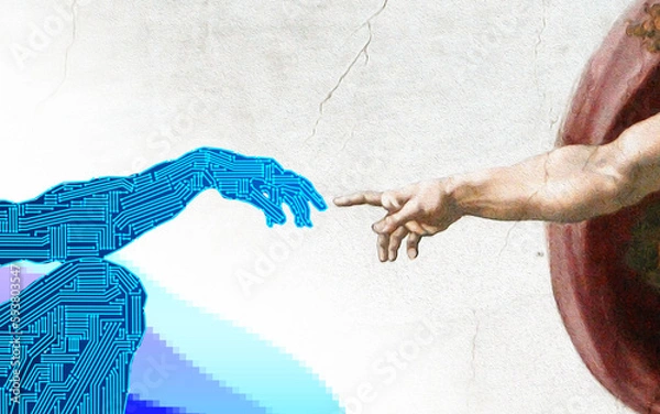 Fototapeta The creation of Artificial Intelligence: version of Michelangelo's painting "The Creation of Adam" depicting the development of artificial intelligence and machine learning. 