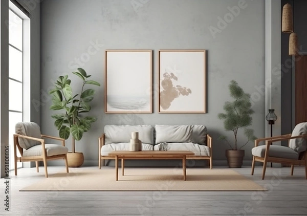 Fototapeta Mockup poster frame on the wall of living room. Contemporary Japanese style. Modern interior design. 3D render, 3D illustration.