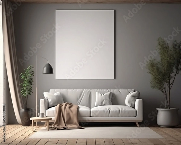 Fototapeta Mockup poster frame on the wall of living room. Scandinavian style. Modern interior design. 3D render, 3D illustration.