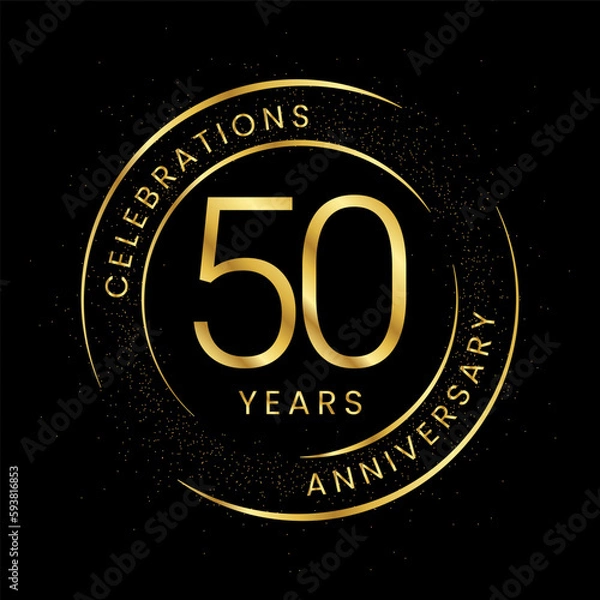Fototapeta 50th anniversary, golden anniversary with a circle, line, and glitter on a black background.