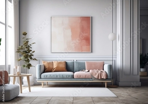 Obraz Mockup poster frame on the wall of living room. Scandinavian style. Modern interior design. 3D render, 3D illustration.