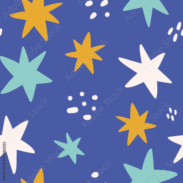 Fototapeta Vector hand-drawn color seamless childish simple pattern for kids with cute star. Baby pattern with night sky. Fabric design. Wallpaper. Kids room design.