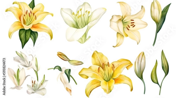 Fototapeta the yellow lily watercolor hand draw isolated on the white background. Generative AI