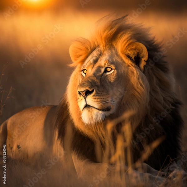 Obraz Golden Savannah Majesty: Capturing the Lion's Regal Essence at Sunset - AI-Generated