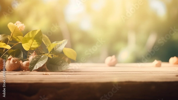 Fototapeta Wooden table for display product in the garden with blur background. Blurred Summer Background Free Space 