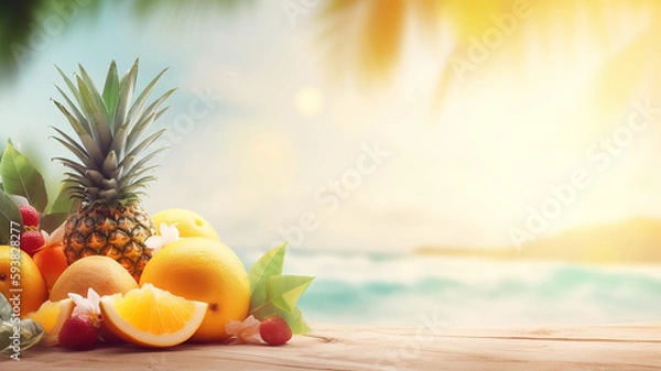 Fototapeta Summer fruits wallpaper with blur background. Blurred Summer Background Free Space 