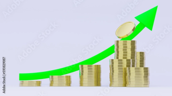 Obraz Stack of golden coins with a green arrow on white background, money earning profit growth business concept. 3d render.
