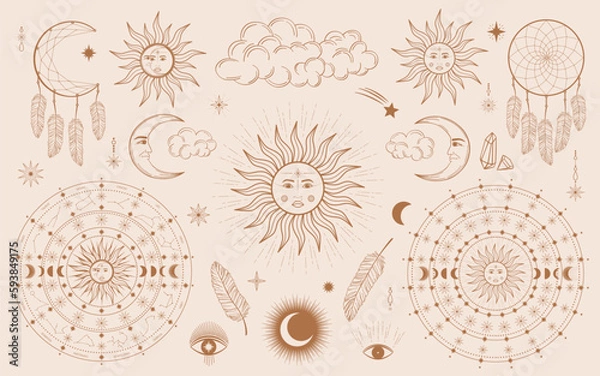 Fototapeta Hand drawn set of mystical Sun with woman's face, moon, dreamcatcher, feather, zodiac symbol, star in line art. Spiritual celestial space, constellation, horoscope, magic talisman vector illustration