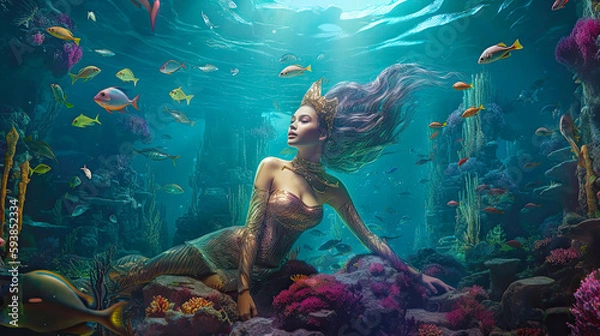 Obraz Mermaid Underwater. Generative AI, non-existent person.
