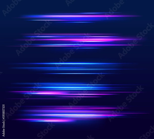 Fototapeta The effect of speed on a blue background.  Abstract light lines of movement and speed with white color glitters.