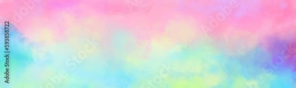 Obraz Colorful watercolor background of abstract sunset sky with puffy clouds in bright rainbow colors of pink green blue yellow and purple. Abstract painting banner for web and composition