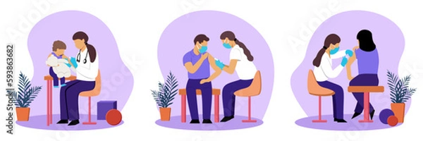 Fototapeta Set of different cartoon characters of doctors making vaccines. Human clinical trials vaccination shot. Protection from pandemic outbreak. Giving vaccination for kid. Vector