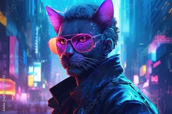 Fototapeta Cat cyberpunk glasses. Generate Ai