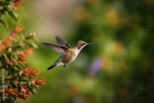Fototapeta Flying hummingbird near flower. Generate Ai